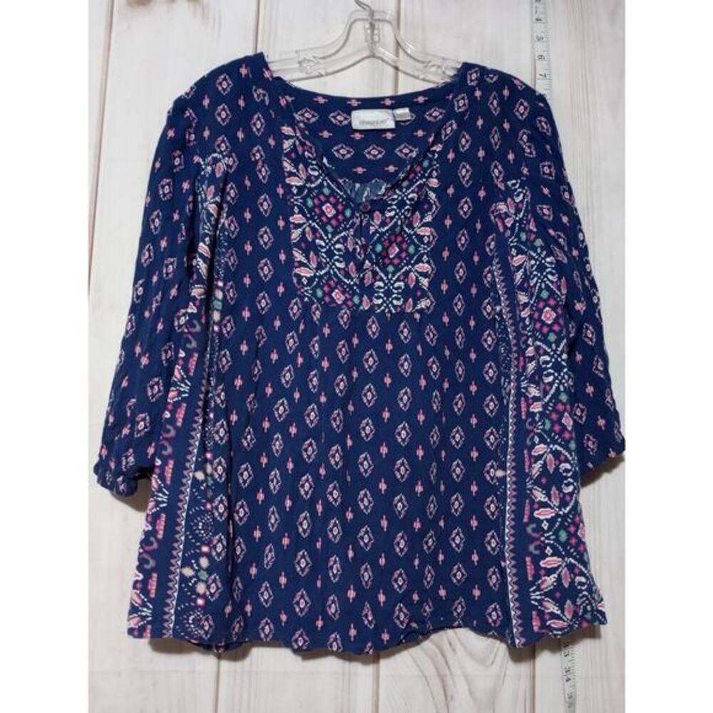 Avenue Blouse Womens 18/20 Blue Pink Boho Geometric Print 3/4 Sleeve Rayon Top
